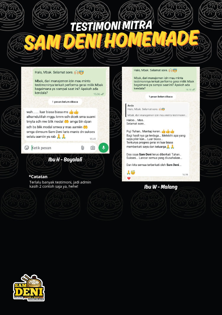 Kemitraan / Peluang Bisnis Dimsum, Gyoza, Wonton Homemade Sam Deni