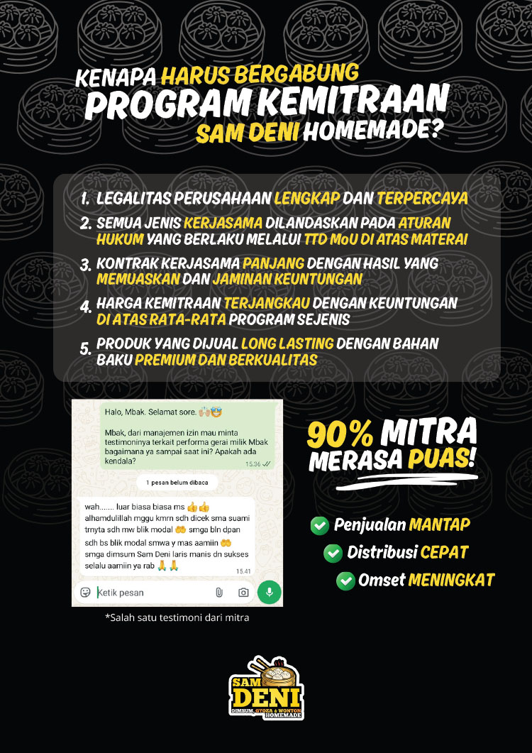 Kemitraan / Peluang Bisnis Dimsum, Gyoza, Wonton Homemade Sam Deni