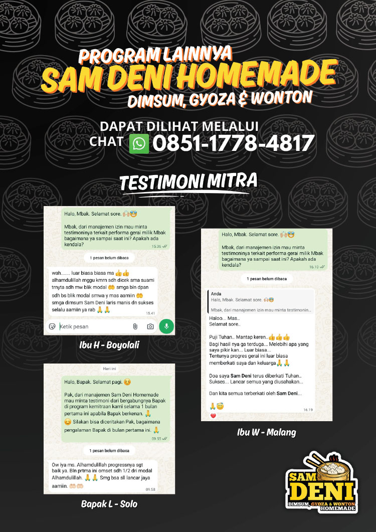 Kemitraan / Peluang Bisnis Dimsum, Gyoza, Wonton Homemade Sam Deni